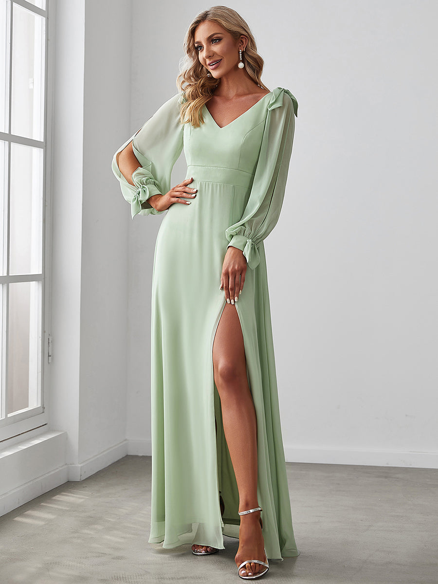 Color=Mint Green | Long Lantern Sleeves A Line V Neck Wholesale Bridesmaid Dresses-Mint Green 1