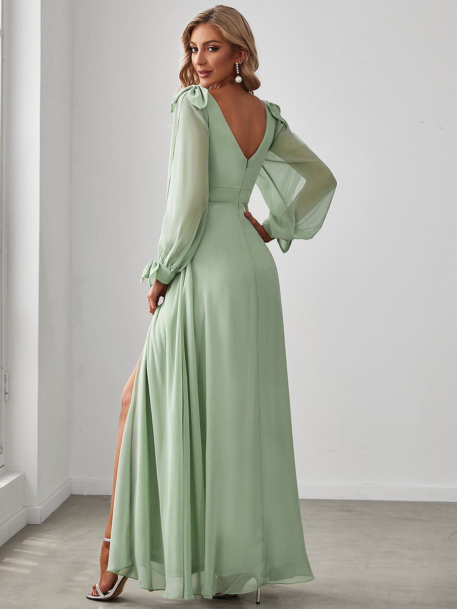 Color=Mint Green | Long Lantern Sleeves A Line V Neck Wholesale Bridesmaid Dresses-Mint Green 2