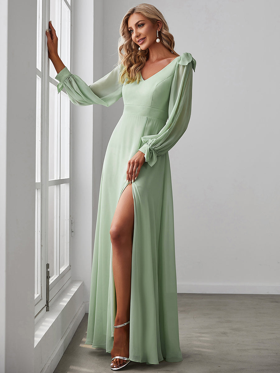 Color=Mint Green | Long Lantern Sleeves A Line V Neck Wholesale Bridesmaid Dresses-Mint Green 3