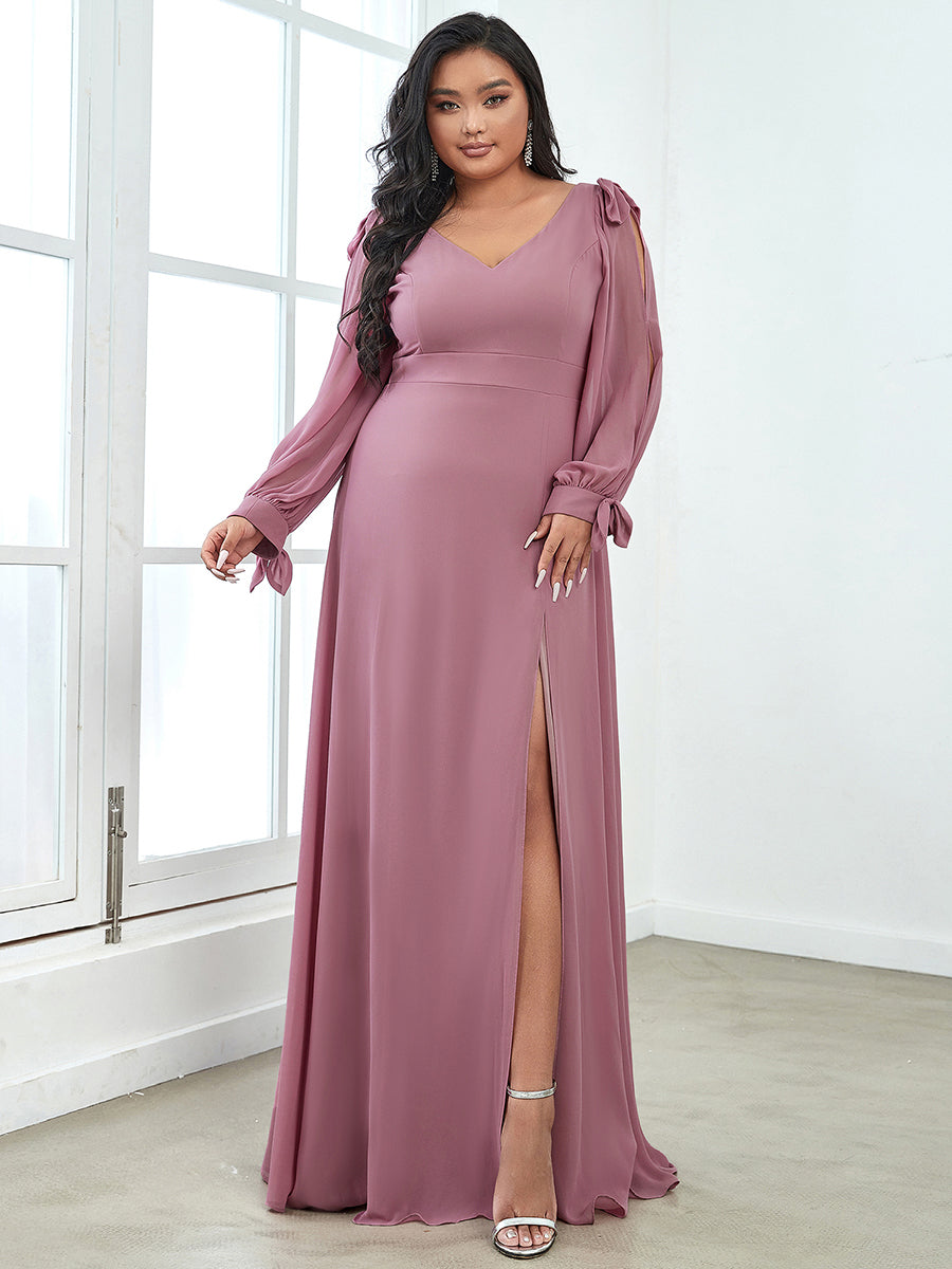 Color=Orchid | Long Lantern Sleeves A Line V Neck Wholesale Bridesmaid Dresses-Orchid 1