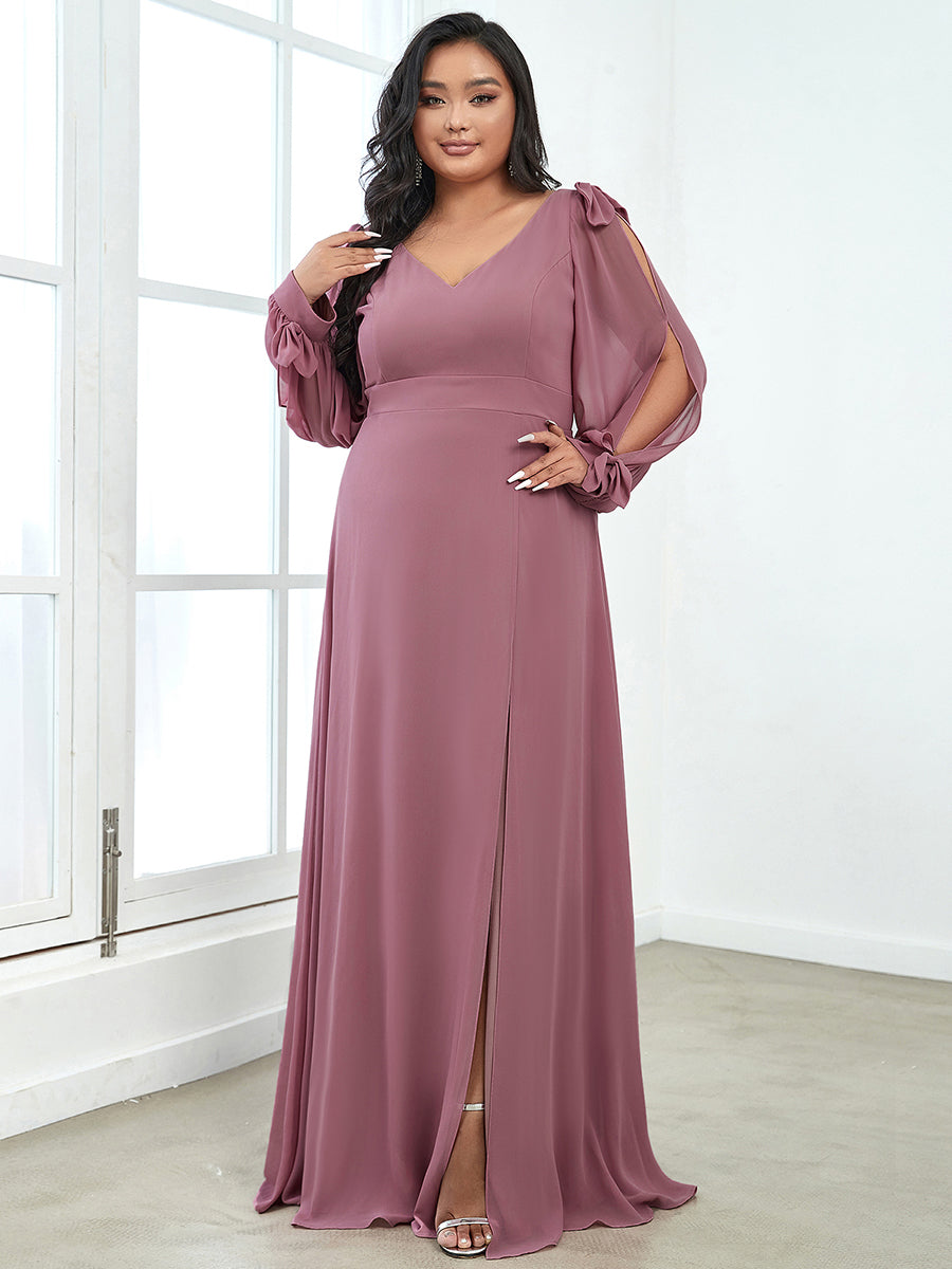 Color=Orchid | Long Lantern Sleeves A Line V Neck Wholesale Bridesmaid Dresses-Orchid 4