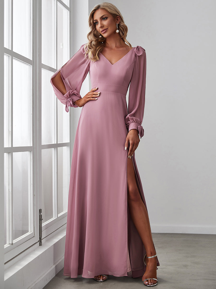 Color=Orchid | Long Lantern Sleeves A Line V Neck Wholesale Bridesmaid Dresses-Orchid 1