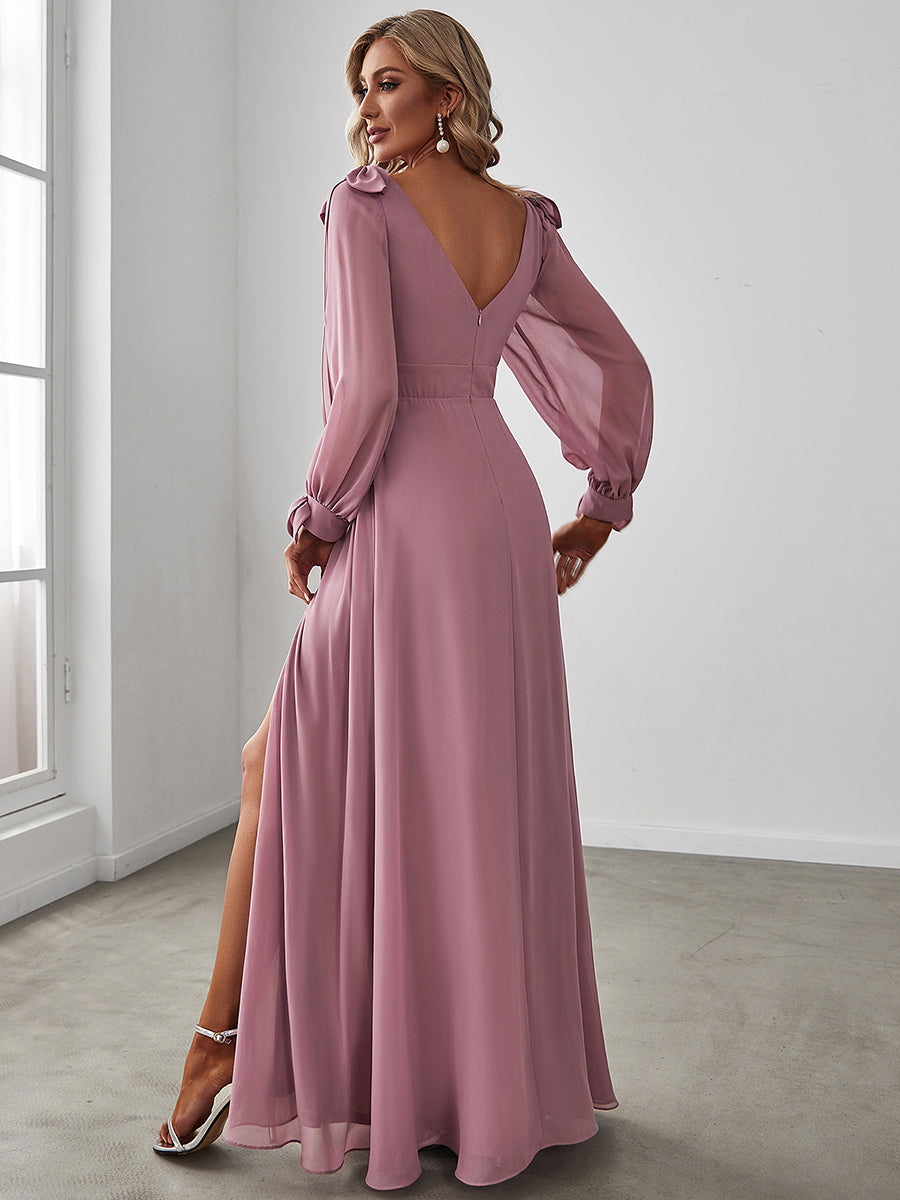 Color=Orchid | Long Lantern Sleeves A Line V Neck Wholesale Bridesmaid Dresses-Orchid 2