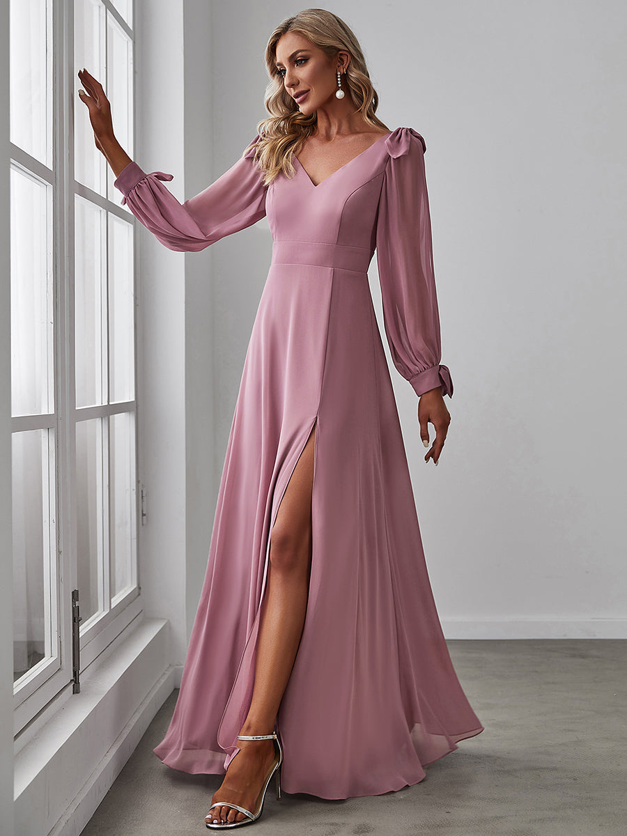 Color=Orchid | Long Lantern Sleeves A Line V Neck Wholesale Bridesmaid Dresses-Orchid 3