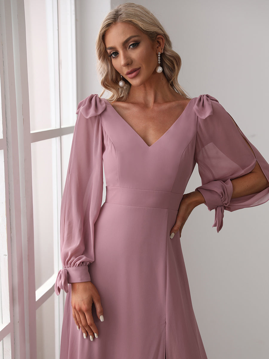 Color=Orchid | Long Lantern Sleeves A Line V Neck Wholesale Bridesmaid Dresses-Orchid 5