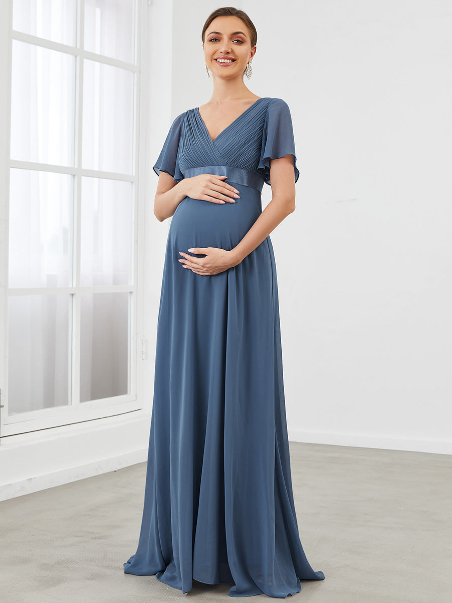 Color=Dusty Blue | Cute and Adorable Deep V-neck Dress for Pregnant Women-Dusty Blue 1