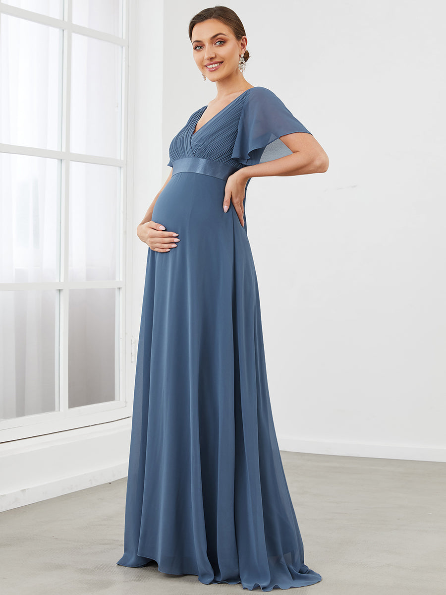 Color=Dusty Blue | Cute and Adorable Deep V-neck Dress for Pregnant Women-Dusty Blue 4