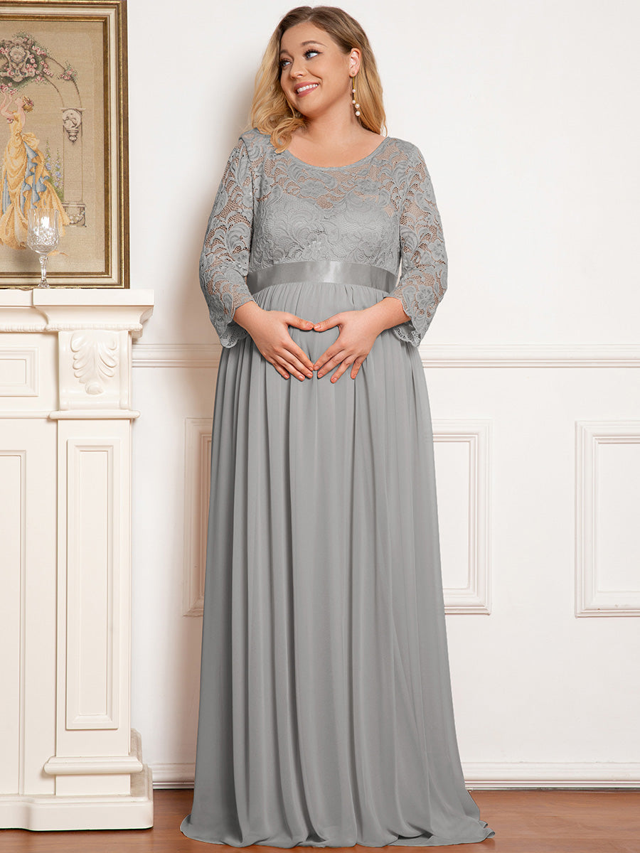 Color=Grey | Round Neck A-Line Floor-Length Wholesale Maternity Dresses-Grey 4