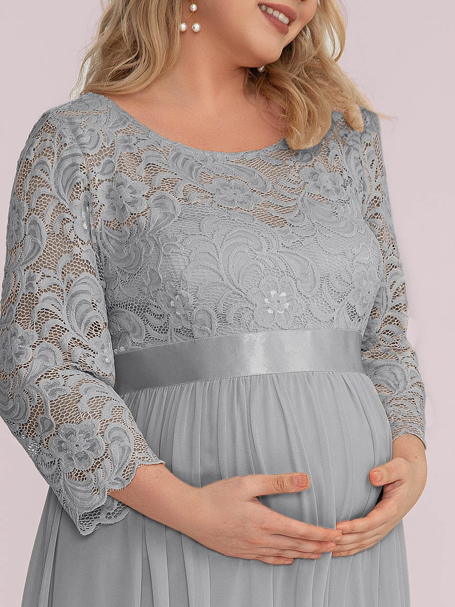 Color=Grey | Round Neck A-Line Floor-Length Wholesale Maternity Dresses-Grey 5