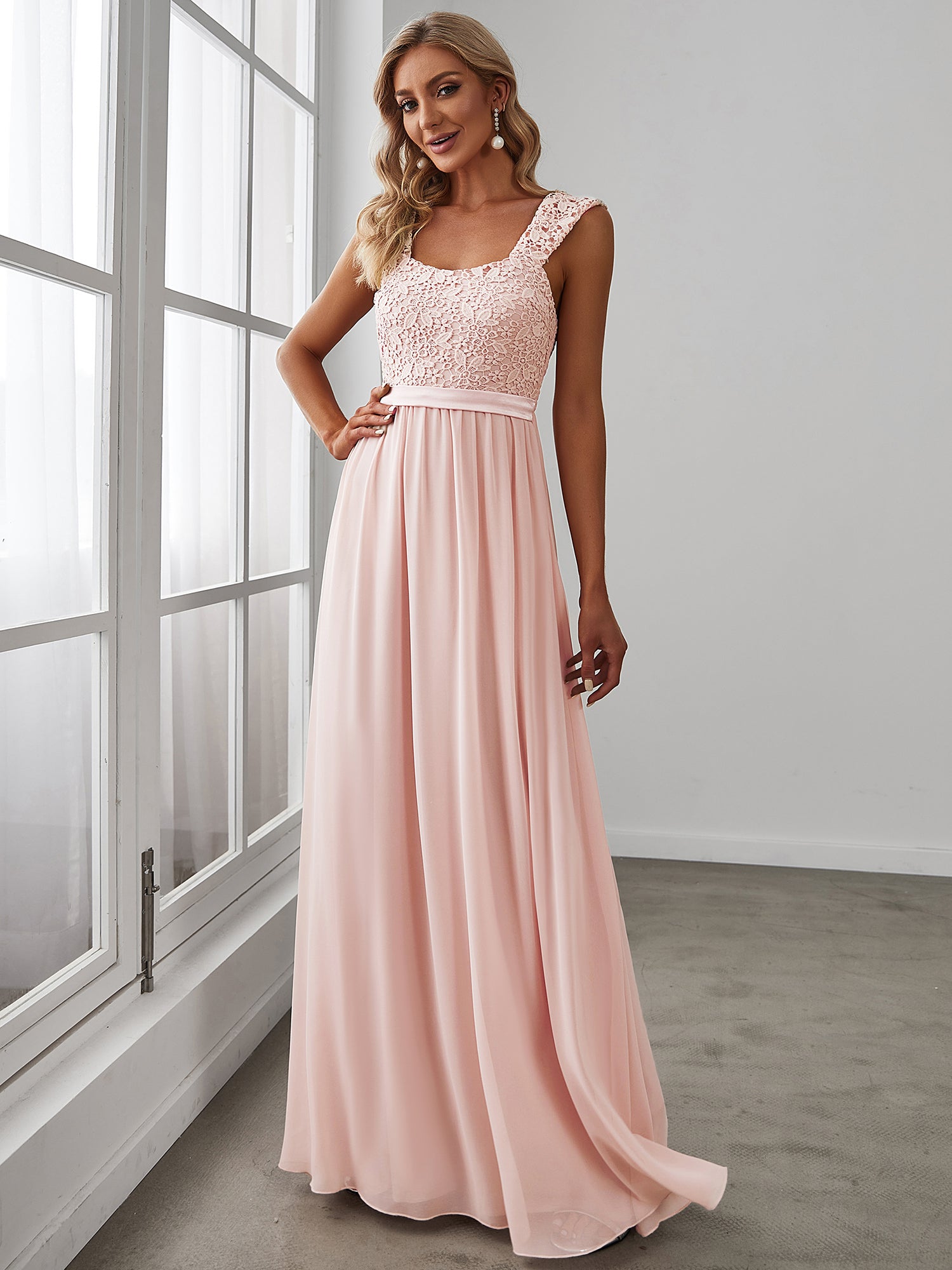 Color=Pink | elegant-a-line-chiffon-wholesale-bridesmaid-dress-with-lace-bodice-ez07704-Pink 1