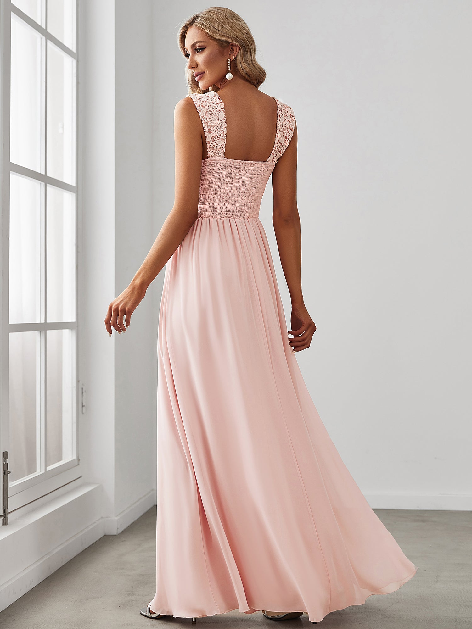 Color=Pink | elegant-a-line-chiffon-wholesale-bridesmaid-dress-with-lace-bodice-ez07704-Pink 2