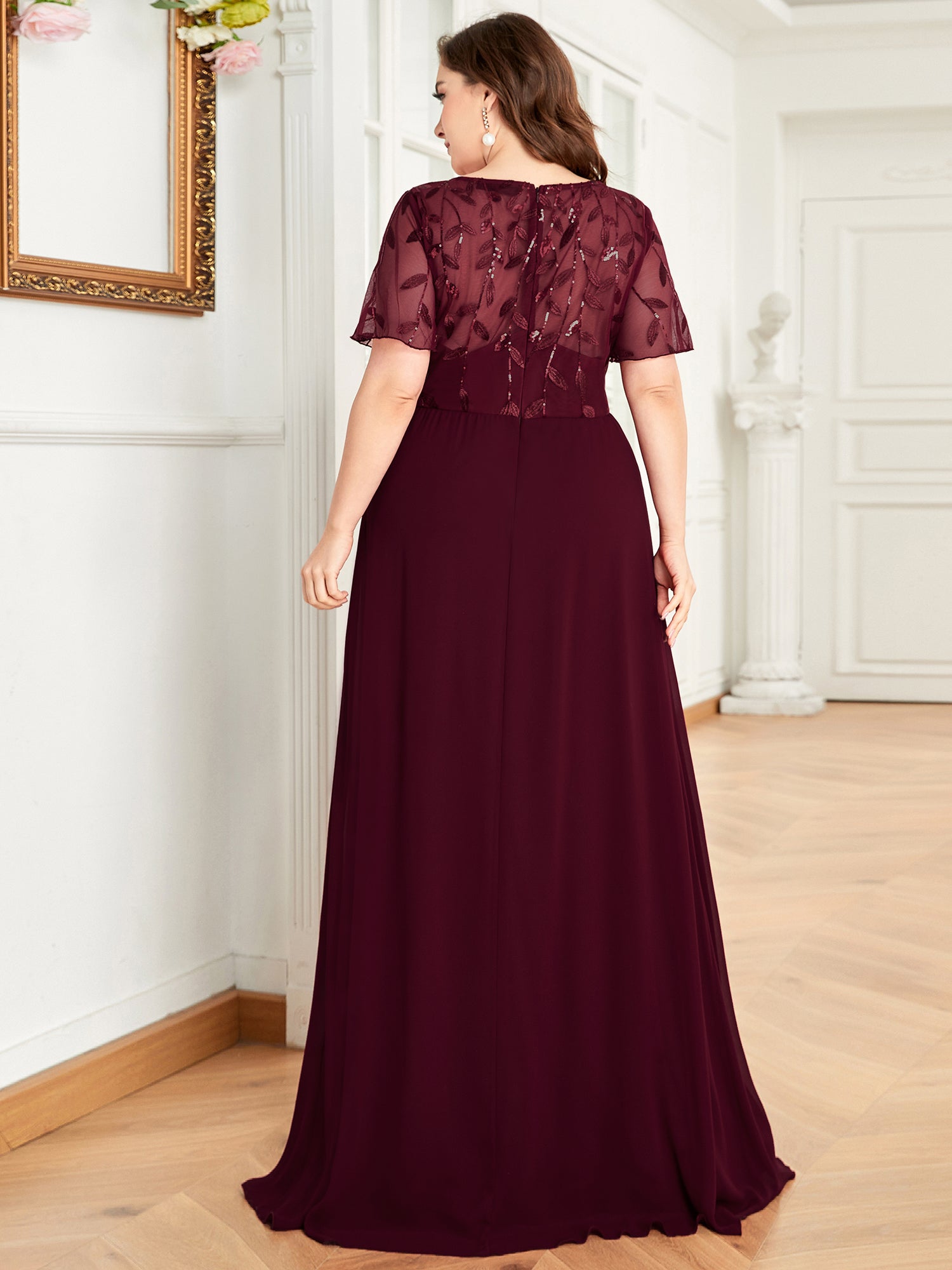 Color=Burgundy | Plus Size Floral Lace Sequin Print Evening Dresses With Cap Sleeve Ez07706-Burgundy 3