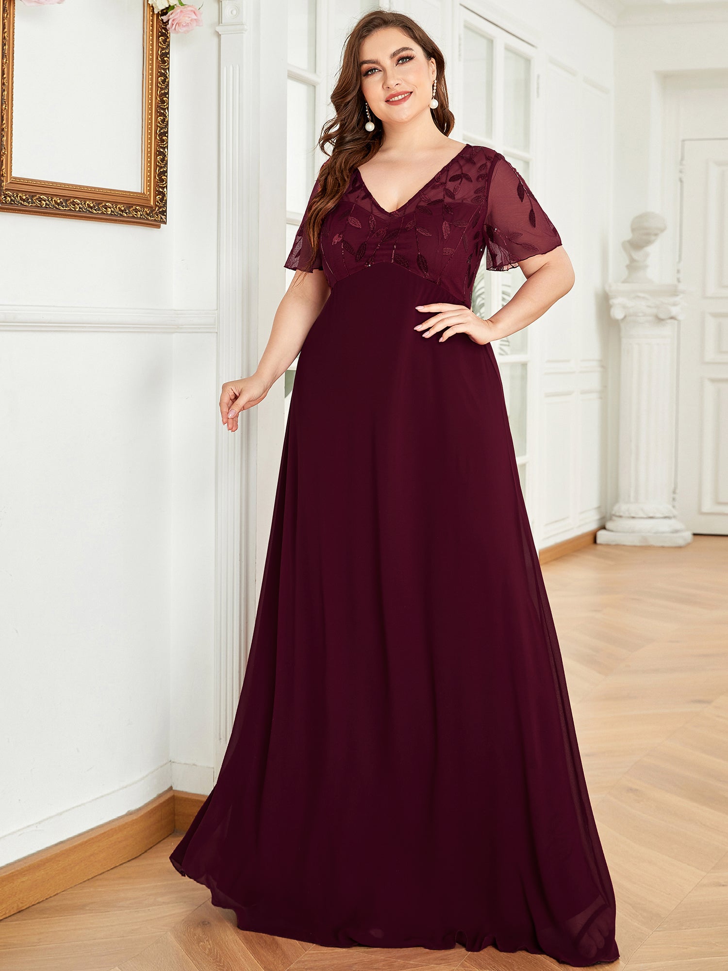 Color=Burgundy | Plus Size Floral Lace Sequin Print Evening Dresses With Cap Sleeve Ez07706-Burgundy 1