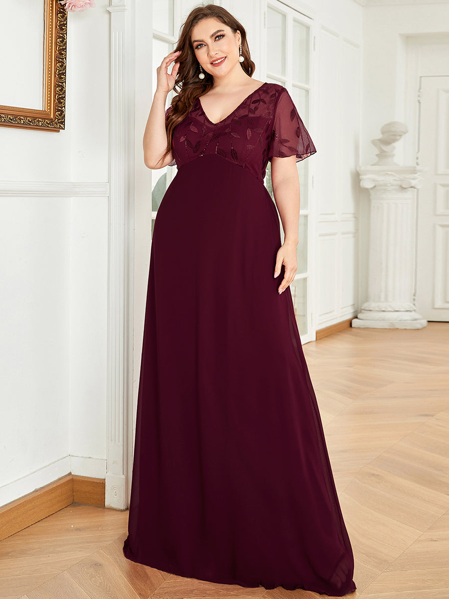 Color=Burgundy | Plus Size Floral Lace Sequin Print Evening Dresses With Cap Sleeve Ez07706-Burgundy 4