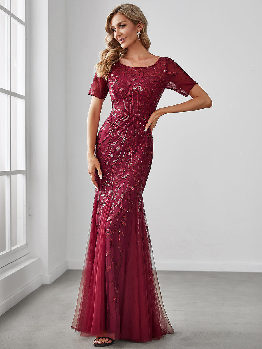Color=Burgundy | Women'S Floral Sequin Print Fishtail Tulle Dresses For Party-Burgundy 1