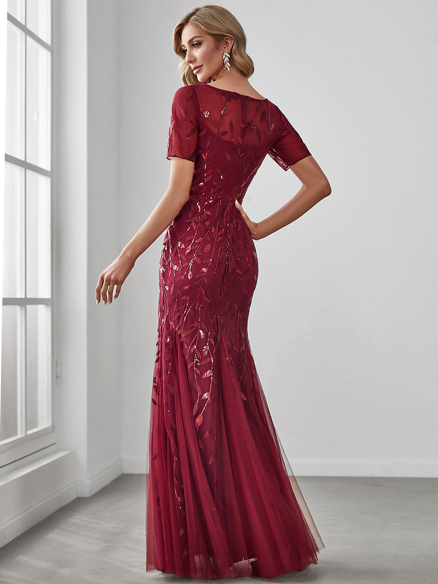 Color=Burgundy | Women'S Floral Sequin Print Fishtail Tulle Dresses For Party-Burgundy 2