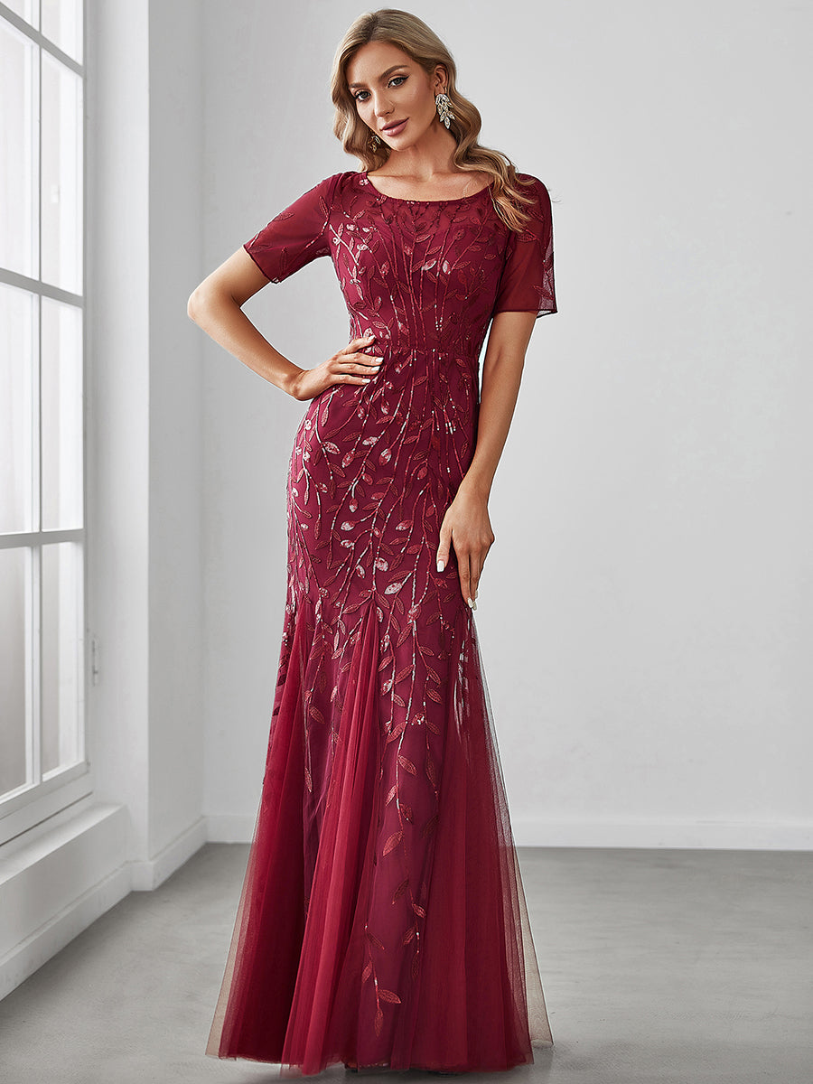 Color=Burgundy | Women'S Floral Sequin Print Fishtail Tulle Dresses For Party-Burgundy 4