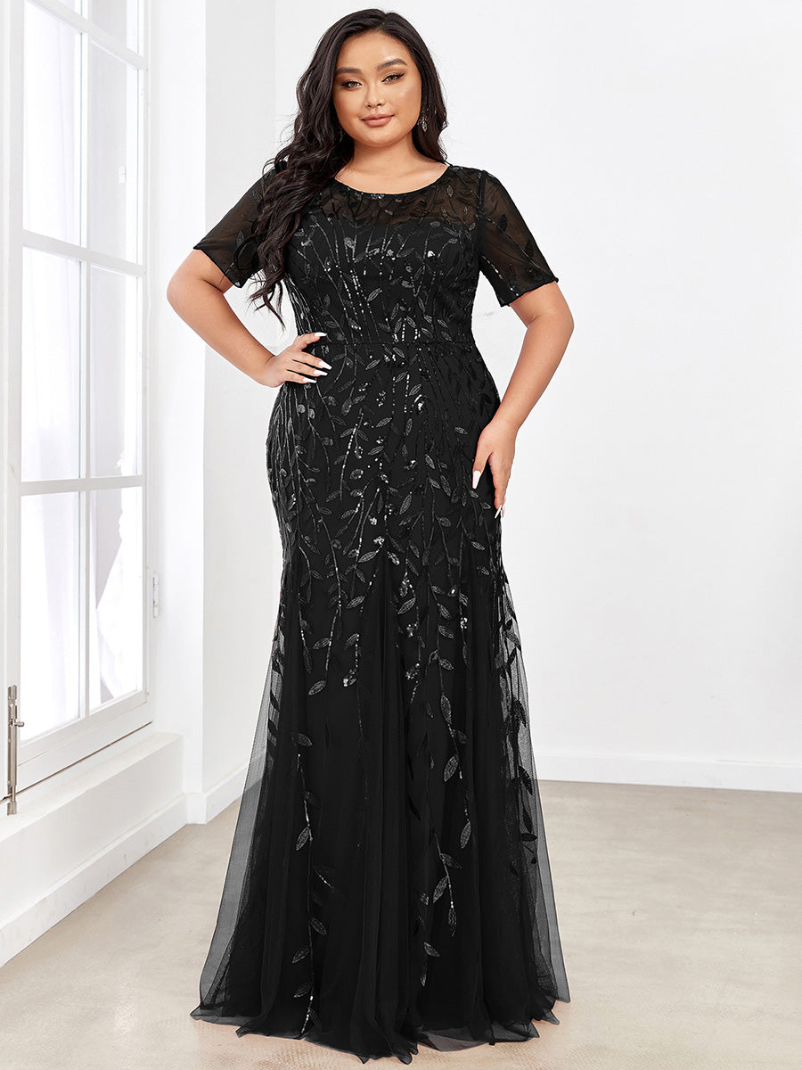 Color=Black | Plus Size Floral Sequin Print Fishtail Tulle Dresses for Party-Black 1
