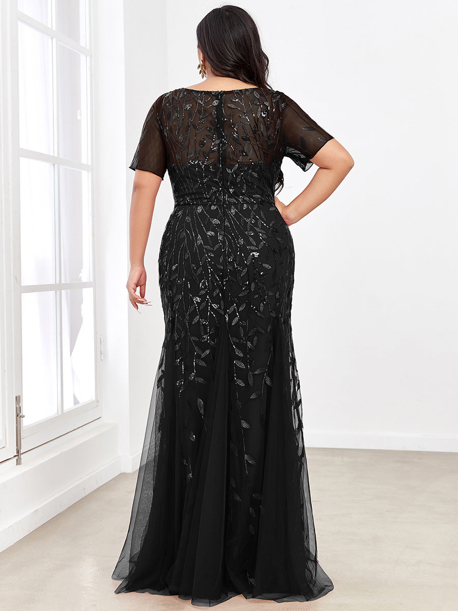 Color=Black | Plus Size Floral Sequin Print Fishtail Tulle Dresses for Party-Black 2