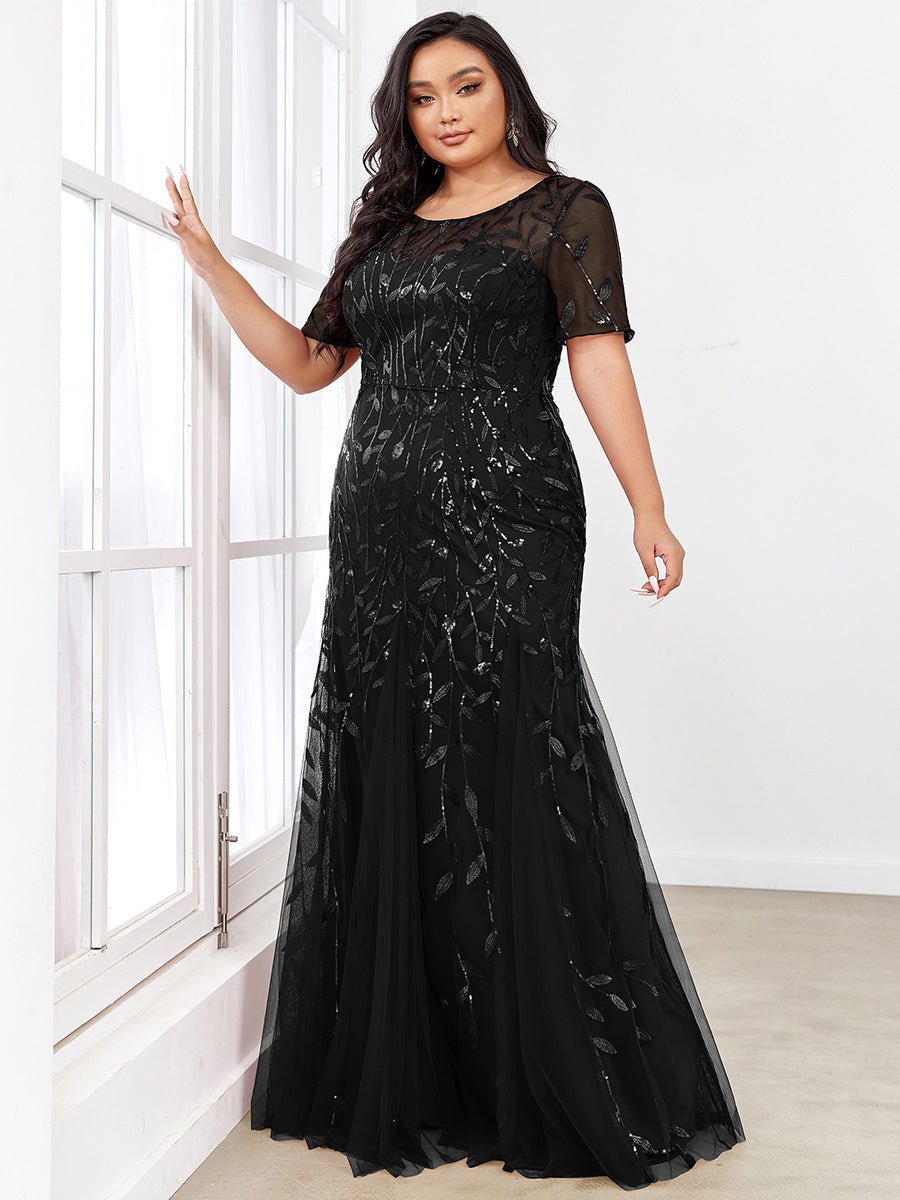 Color=Black | Plus Size Floral Sequin Print Fishtail Tulle Dresses for Party-Black 3