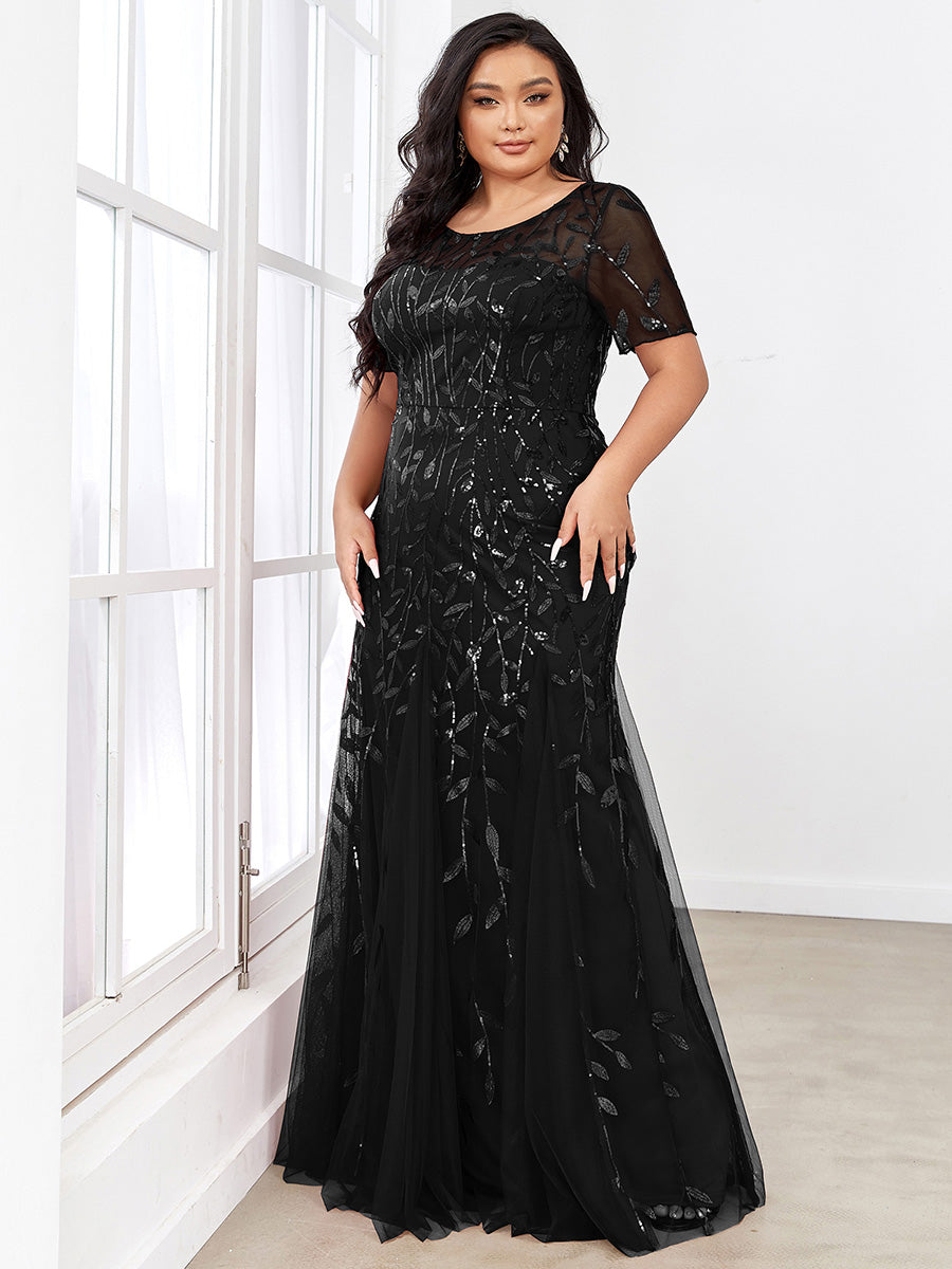 Color=Black | Plus Size Floral Sequin Print Fishtail Tulle Dresses for Party-Black 4