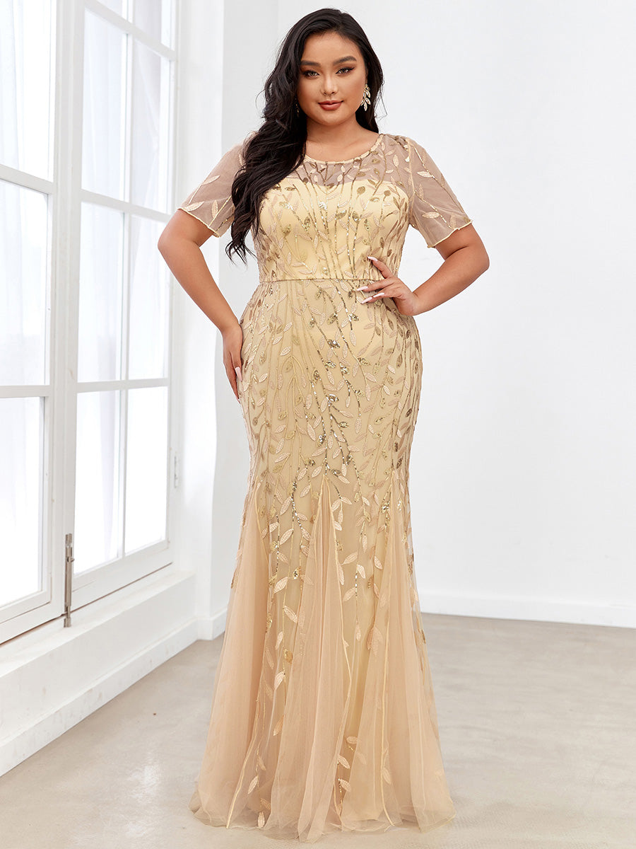 Color=Gold | Plus Size Floral Sequin Print Fishtail Tulle Dresses for Party-Gold 1