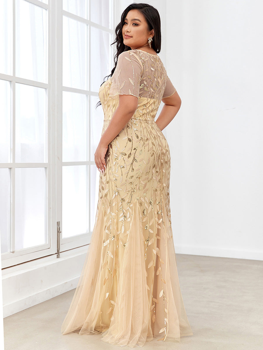 Color=Gold | Plus Size Floral Sequin Print Fishtail Tulle Dresses for Party-Gold 2