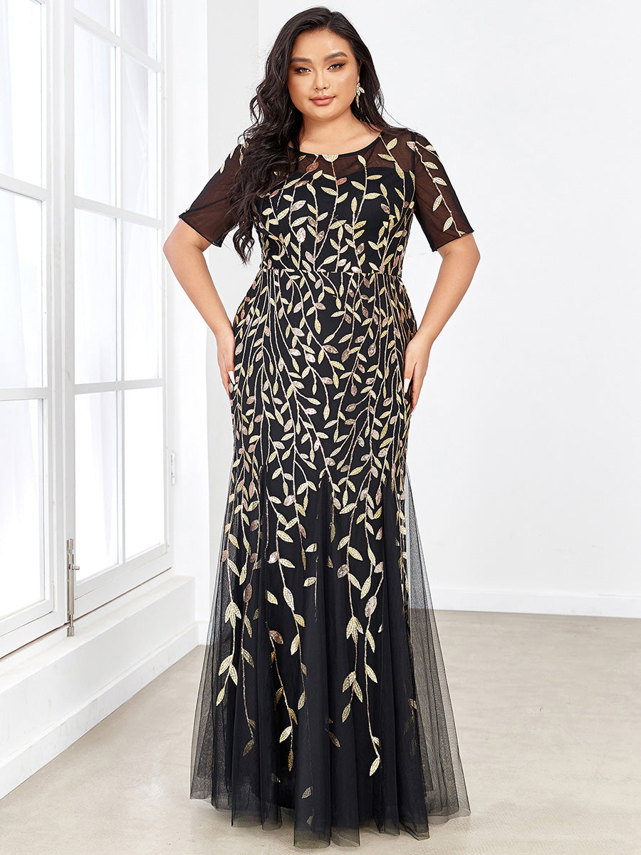 Color=Black & Gold | Plus Size Floral Sequin Print Fishtail Tulle Dresses for Party-Black & Gold 1