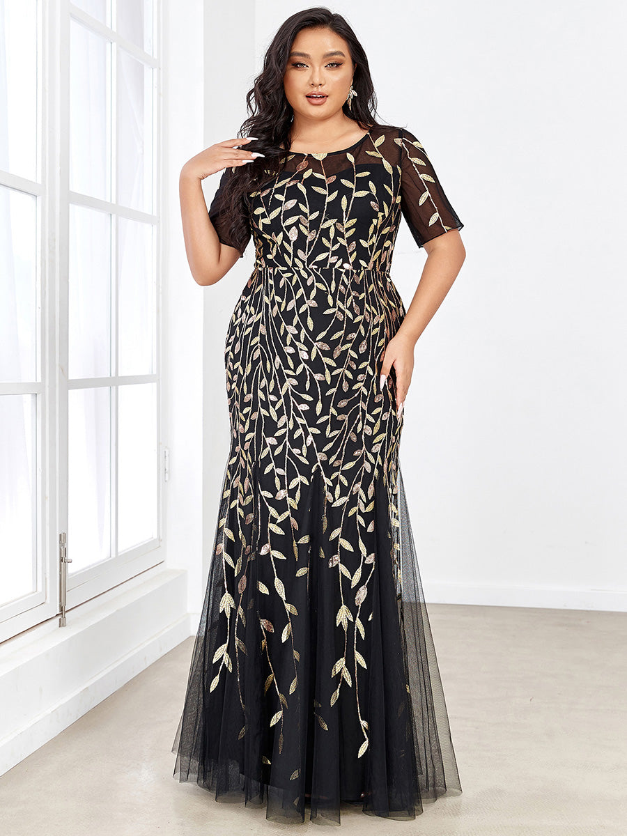 Color=Black & Gold | Plus Size Floral Sequin Print Fishtail Tulle Dresses for Party-Black & Gold 3