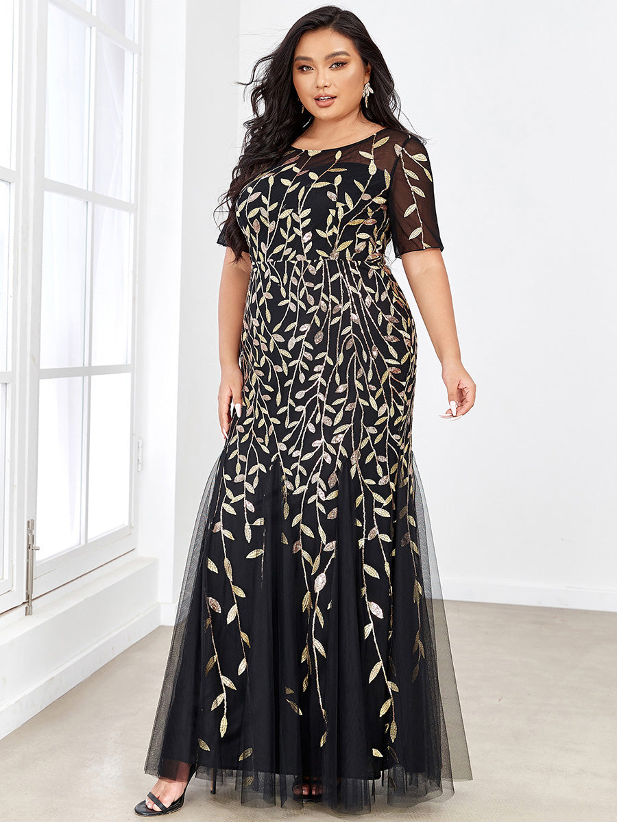 Color=Black & Gold | Plus Size Floral Sequin Print Fishtail Tulle Dresses for Party-Black & Gold 4