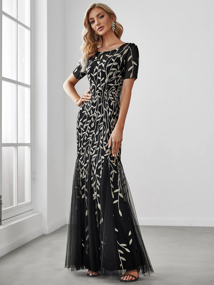 COLOR=Black & Gold | Floral Sequin Print Maxi Long Fishtail Tulle Dresses With Half Sleeve-Black & Gold 1