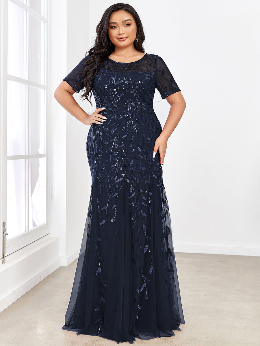 Color=Navy Blue | Plus Size Floral Sequin Print Fishtail Tulle Dresses for Party-Navy Blue 1