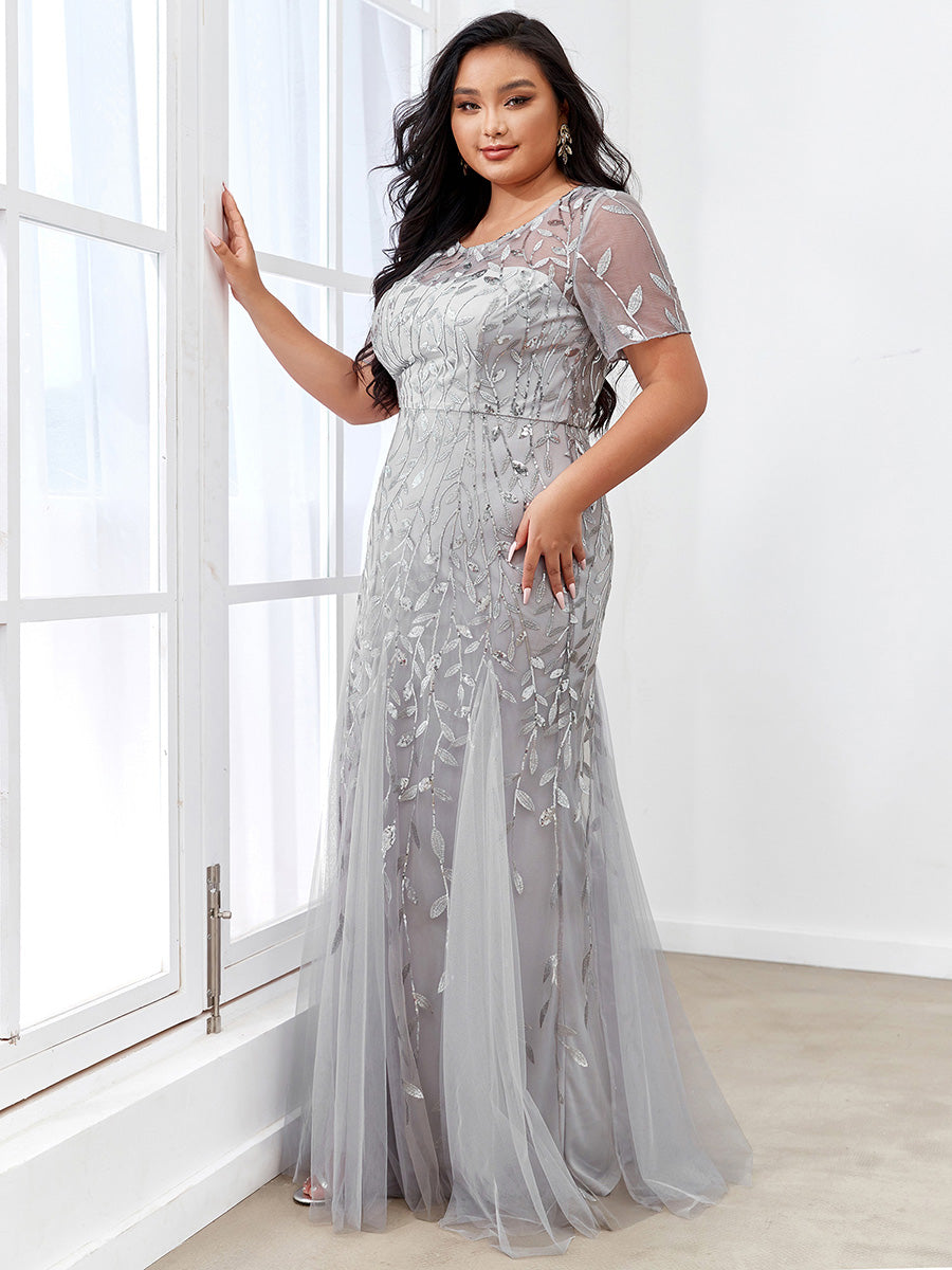 Color=Silver | Plus Size Floral Sequin Print Fishtail Tulle Dresses for Party-Silver 4