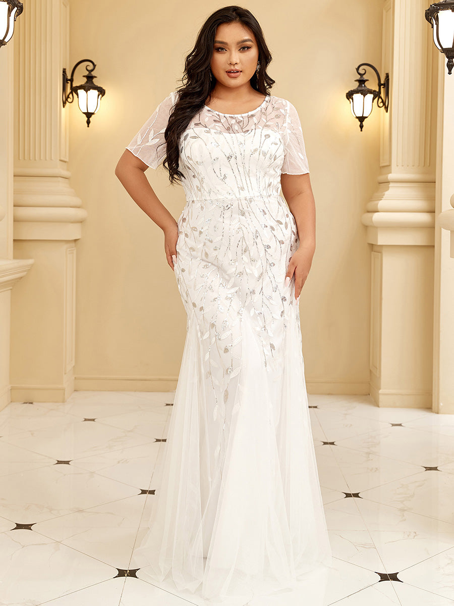Color=White | Plus Size Floral Sequin Print Fishtail Tulle Dresses for Party-White 1