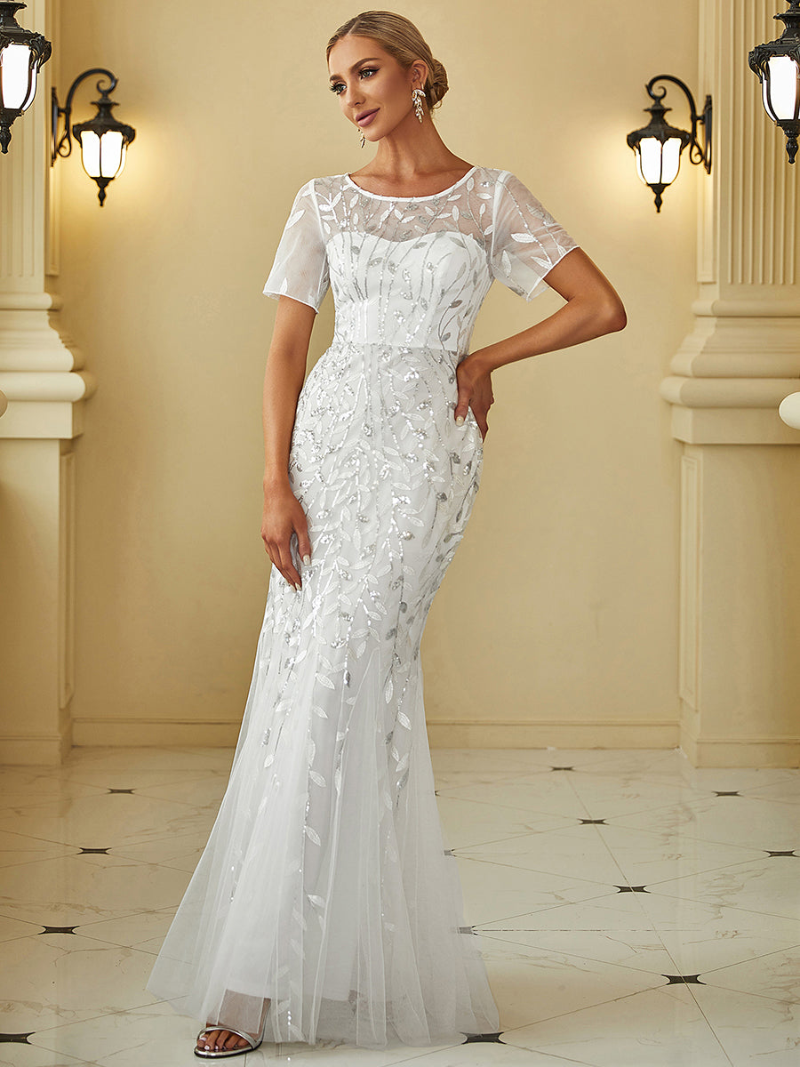 Color=White | Women'S Floral Sequin Print Fishtail Tulle Dresses For Party-White 3