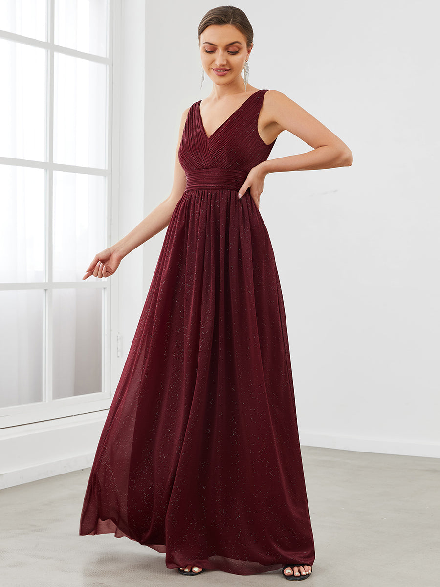 Color=Burgundy | Double V Neck Floor Length Sparkly Wholesale Evening Dresses for Party-Burgundy 1