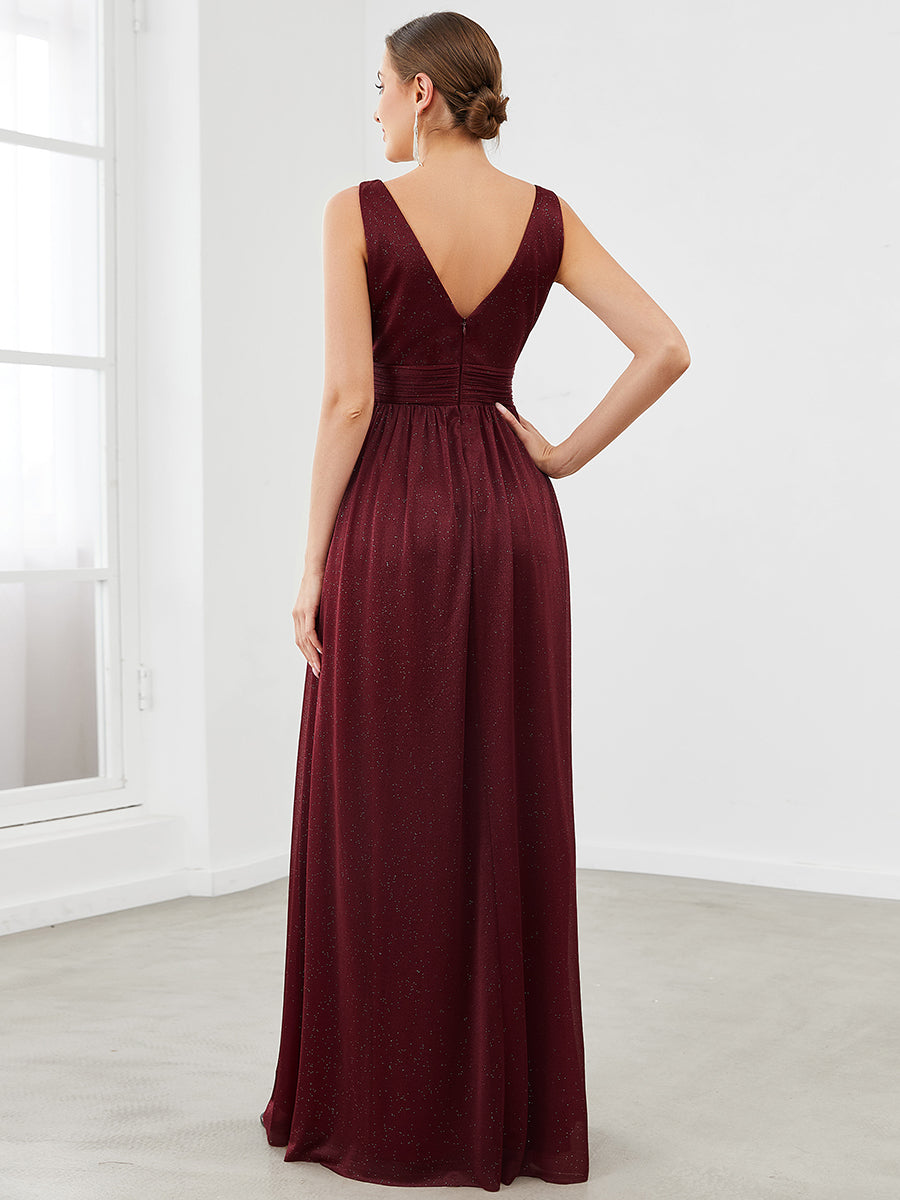 Color=Burgundy | Double V Neck Floor Length Sparkly Wholesale Evening Dresses for Party-Burgundy 2
