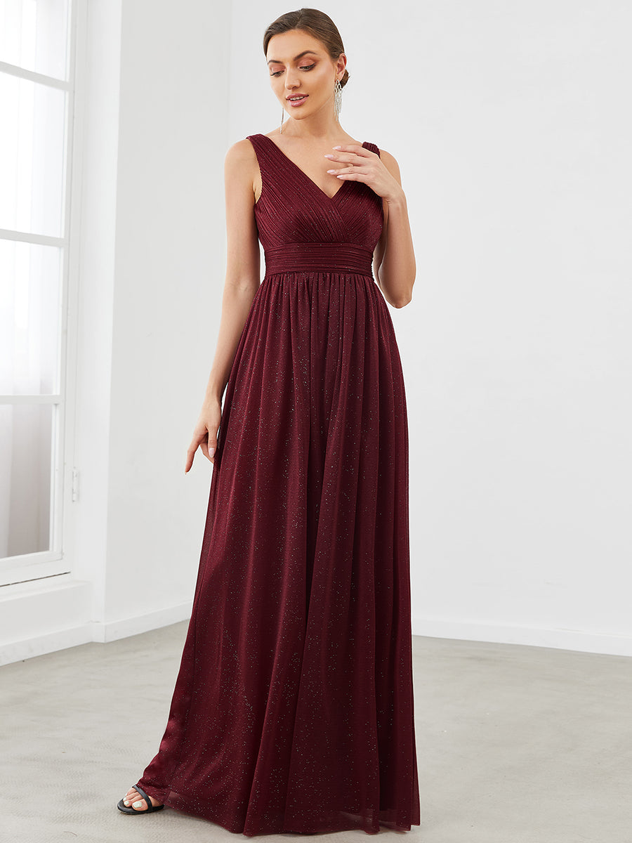 Color=Burgundy | Double V Neck Floor Length Sparkly Wholesale Evening Dresses for Party-Burgundy 3