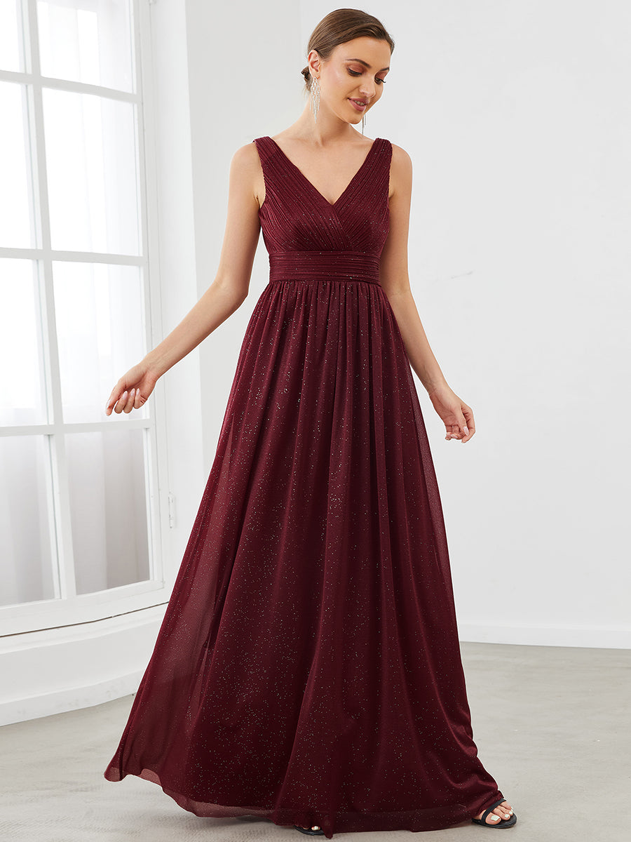 Color=Burgundy | Double V Neck Floor Length Sparkly Wholesale Evening Dresses for Party-Burgundy 4