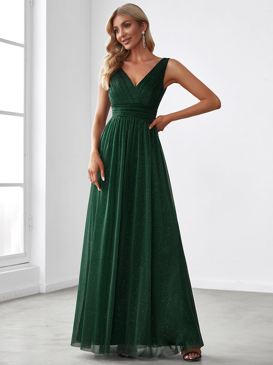 Custom Size Double V Neck Floor Length Sparkly Wholesale Evening Dresses for Party