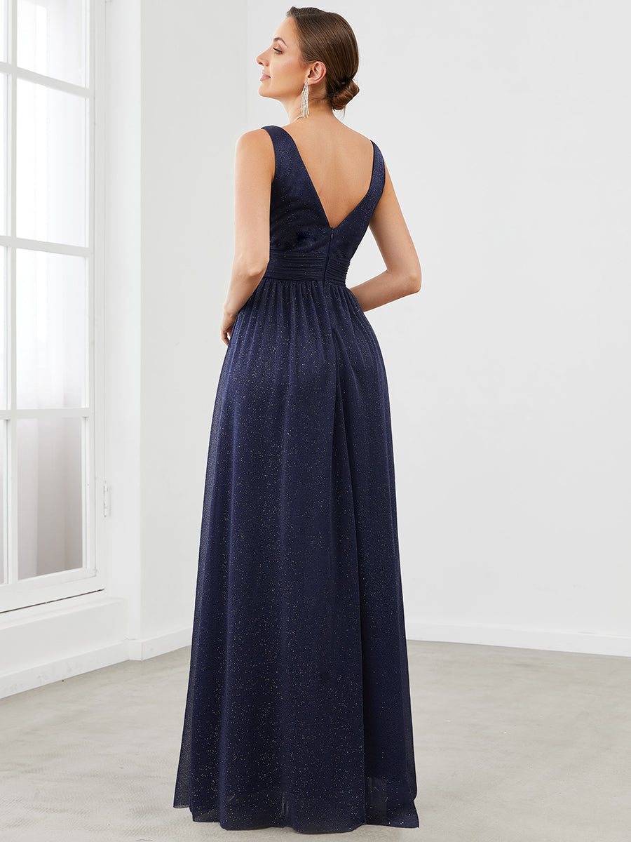 Color=Navy Blue | Double V Neck Floor Length Sparkly Wholesale Evening Dresses for Party-Navy Blue 2
