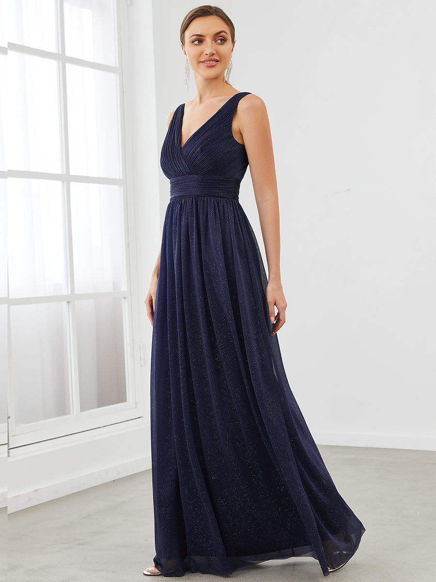 Color=Navy Blue | Double V Neck Floor Length Sparkly Wholesale Evening Dresses for Party-Navy Blue 3