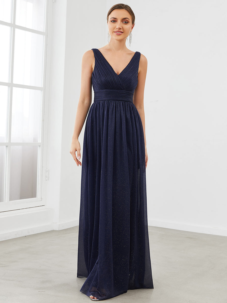 Color=Navy Blue | Double V Neck Floor Length Sparkly Wholesale Evening Dresses for Party-Navy Blue 4